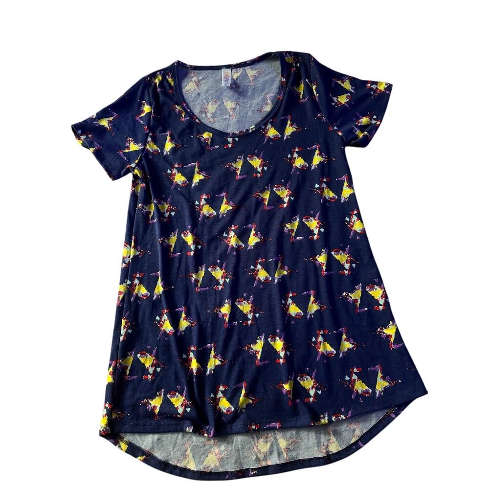 New LuLaRoe Classic T Shirt Top Womans XXS Comfy Dark Blue w/‎ Yellow Purple Red